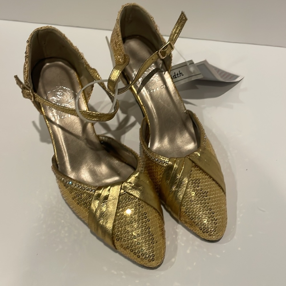 Prom dressy gold shoes heels size 6.5 wide sequins rhinestone fancy NWT NEW - Picture 2 of 7
